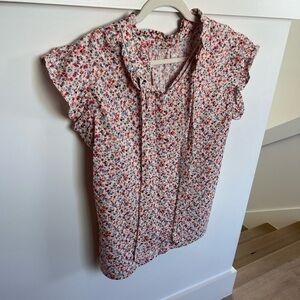 Voy Flutter Sleeve Blouse White with Pink Blue Flowers Detail Stitching Large